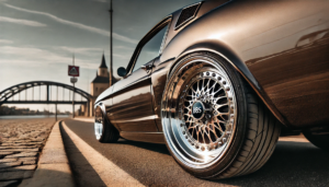 BBS custom forged wheels on a classic car showcasing high-quality wheel barrels and lips on a street with a bridge in the background.