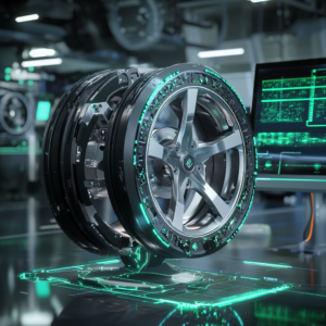 A futuristic forged wheel showcasing smart technology and sustainability features, with an electric vehicle and digital manufacturing elements in the background.