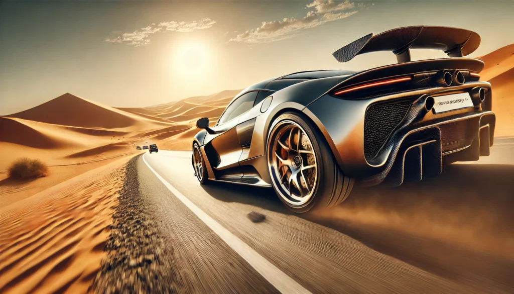 A high-performance car equipped with magnesium forged wheels driving on a desert road in Saudi Arabia, symbolizing durability, speed, and precision engineering.