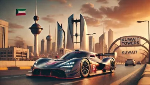 Racing car with lightweight magnesium wheels on a track in Kuwait, showcasing high-performance and custom-forged wheel design.