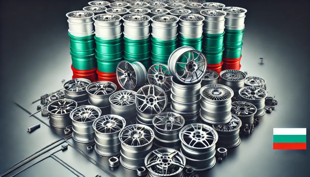 High-quality forged wheels with a sleek metallic finish, arranged in an eye-catching composition, with subtle elements representing Bulgaria, such as flag colors or a minimal skyline, conveying an industrial and high-tech automotive theme.