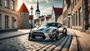 A custom modified car with forged wheels driving through Tallinn, Estonia, with medieval buildings in the background.