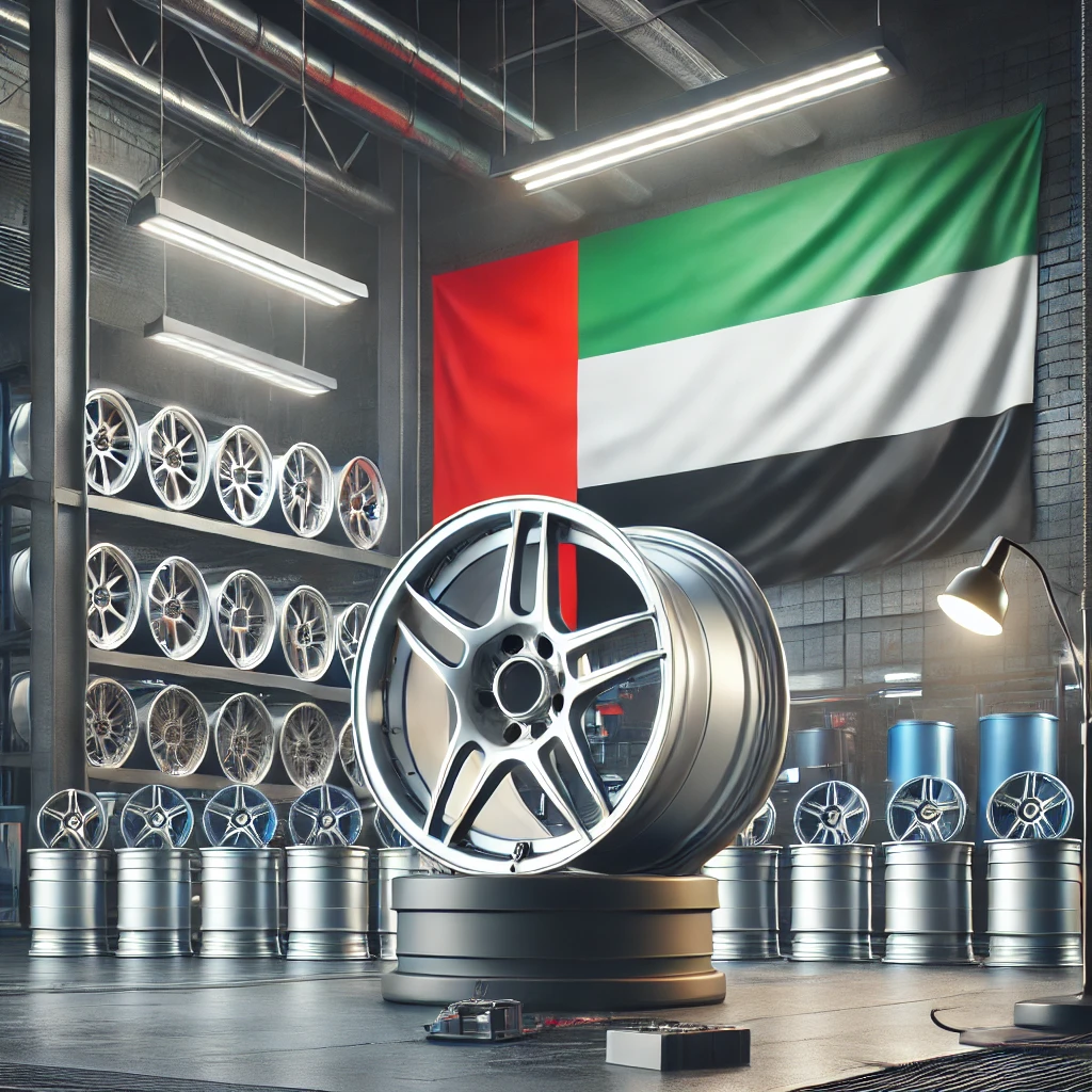 A professional blog featured image showing a clean workshop with multiple sleek magnesium forged wheels on display, metallic and lightweight in appearance. The UAE flag is subtly visible in the background. Bold modern text reads “Top 10 Magnesium Forged Wheels Suppliers in UAE.” The overall design is minimalistic and premium, targeting automotive industry professionals.