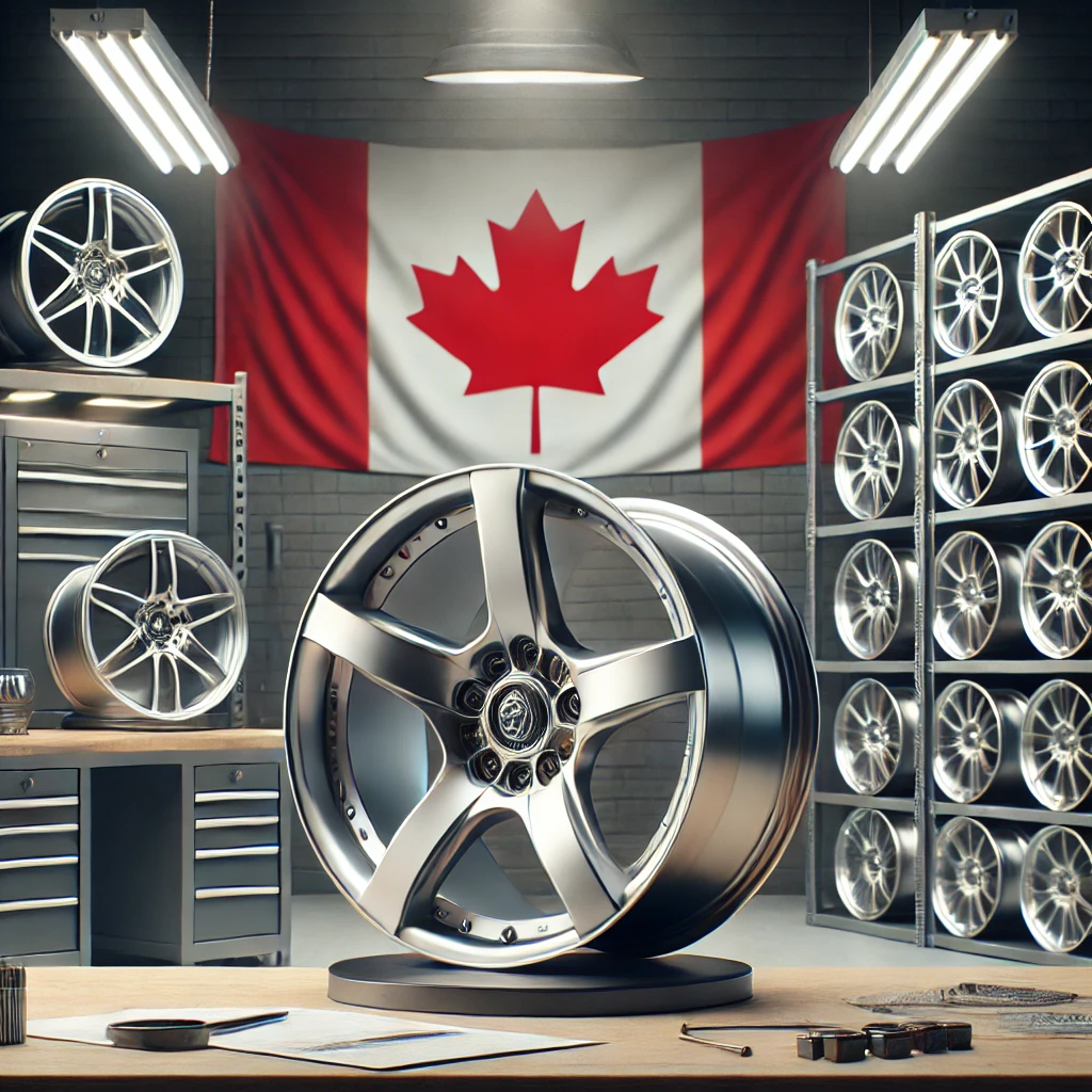 Modern workshop interior displaying several premium magnesium forged wheels with a subtle Canadian flag in the background. Blog title text “Top 10 Magnesium Forged Wheels Suppliers in Canada” overlaid in bold font.
