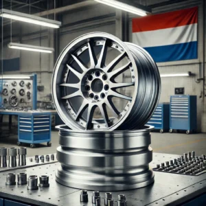 Symmetrical forged wheel outer lip and inner barrel with brushed aluminum finish on a clean metal workbench, set in a modern workshop with subtle Dutch flag colors in the background, representing wheel part suppliers in the Netherlands.