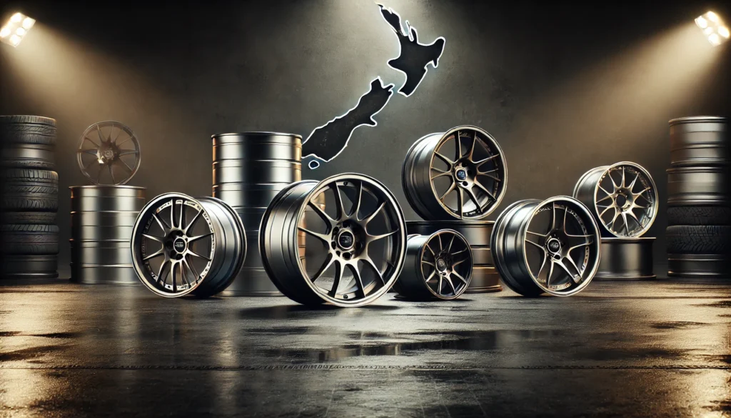 A featured image showcasing five custom forged magnesium wheels with different designs, set on a dark garage floor with spotlight lighting and a faint New Zealand flag in the background—representing top wheel suppliers in New Zealand.