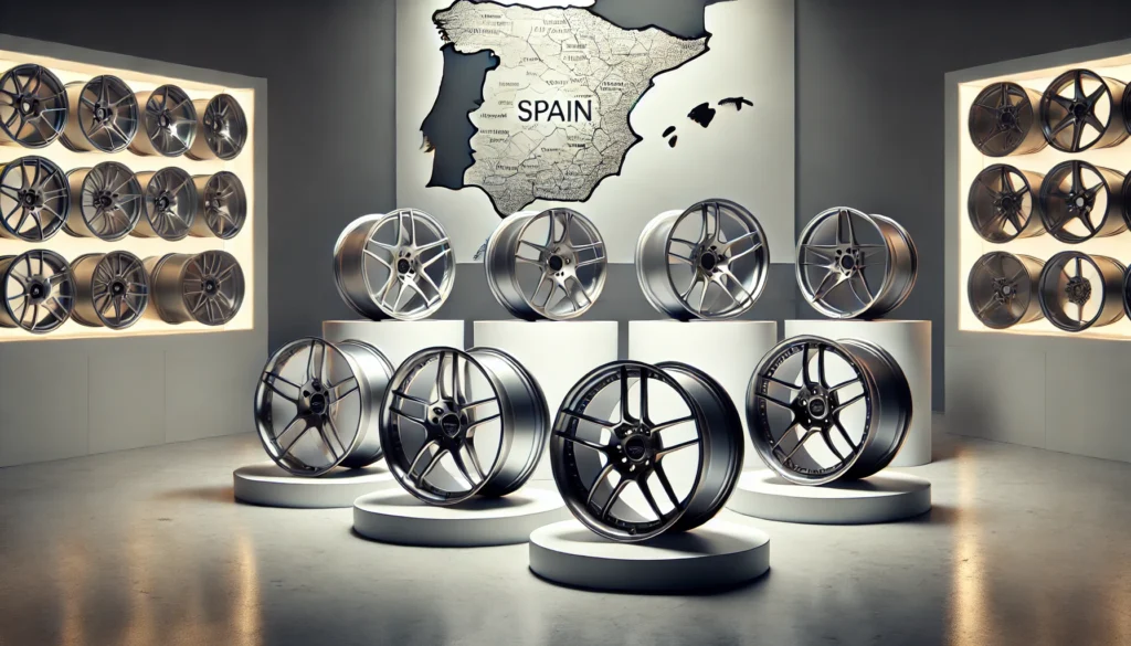 A professional display of five forged magnesium wheels with various styles, shown on a clean studio floor with soft lighting and a faint Spanish flag in the background—representing top magnesium wheel suppliers in Spain.
