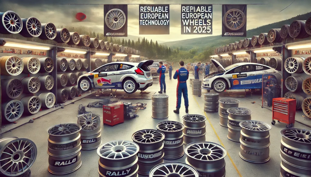 Rally car workshop showcasing a variety of European rally wheels, with team members working on vehicles in the background. Multiple sets of forged wheels are displayed, emphasizing reliability and advanced European wheel technology in 2025.