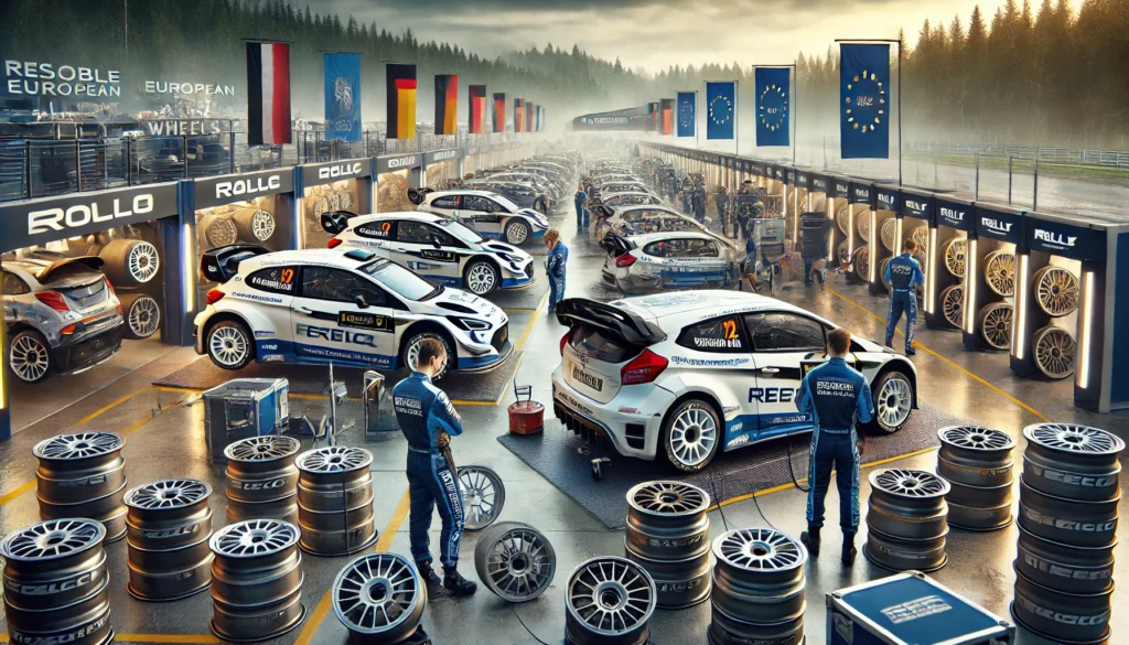 Rally team pit stop with European rally cars being prepared, surrounded by stacks of high-performance rally wheels. The image highlights the importance of quality wheels in professional motorsport, with a focus on European technology.
