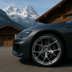 Custom forged wheel on sports car in front of Swiss mountains and chalet garage