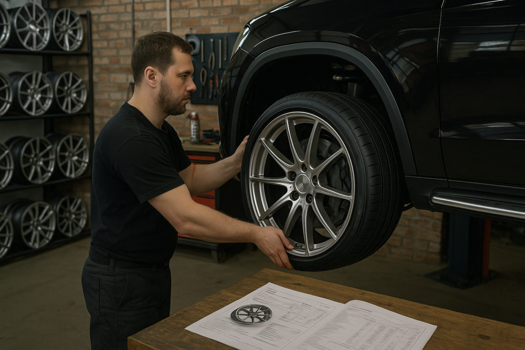 Technician fitting forged wheels in Russian tuning garage with custom setup