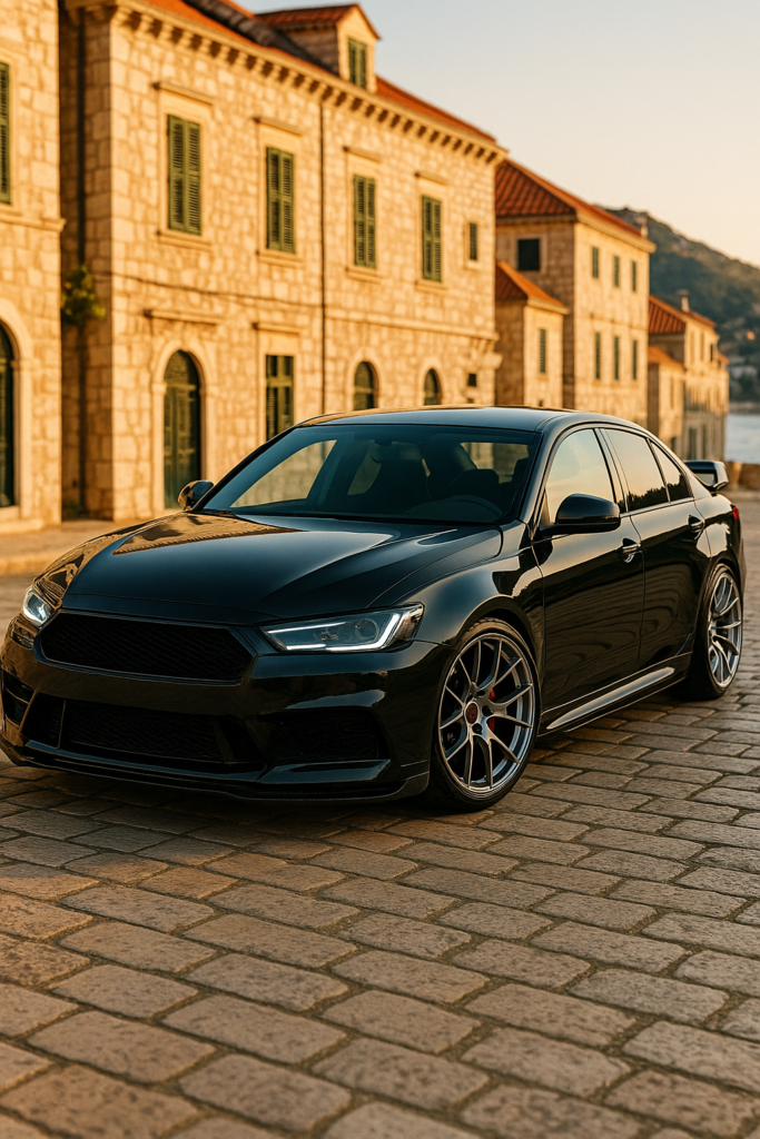A modified car with forged wheels driving through a historic street in Dubrovnik, Croatia.