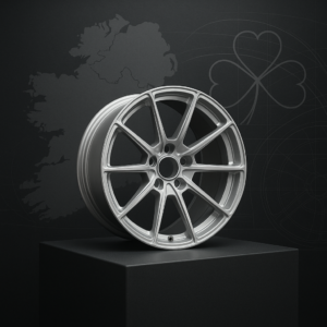Forged aluminum wheel with Ireland-themed background for performance vehicles