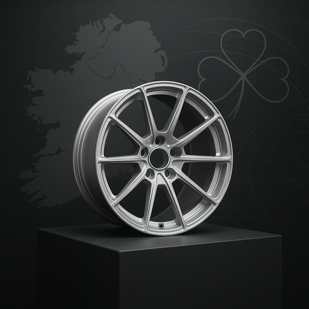 Forged aluminum wheel with Ireland-themed background for performance vehicles