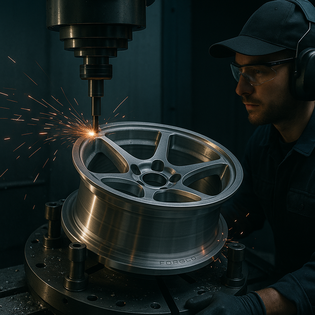 Forged wheel undergoing CNC machining in a factory environment.