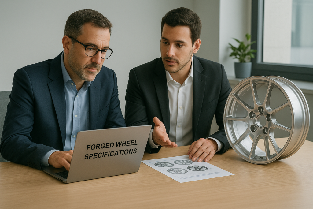 Romanian forged wheel buyer reviewing supplier catalog