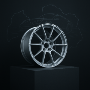 Forged aluminum wheel with Latvia map and automotive blueprint in background