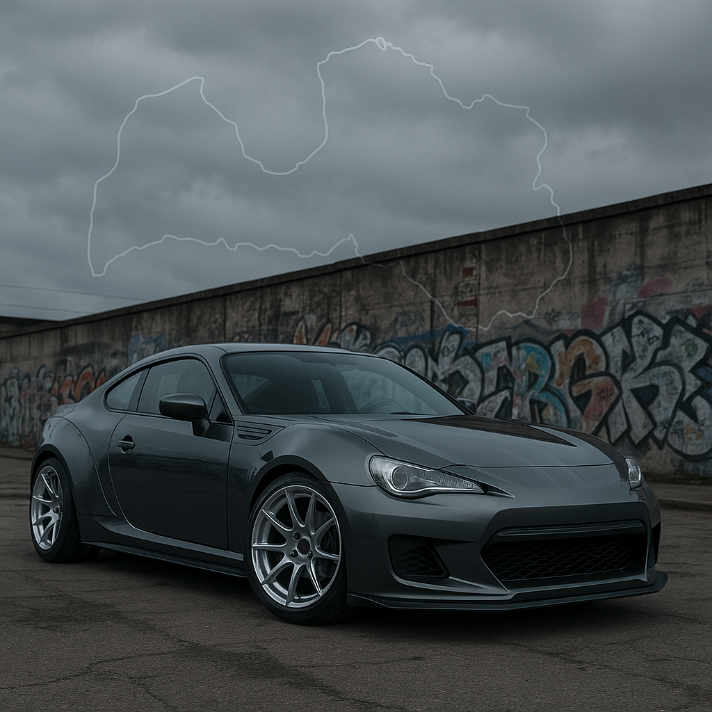 Latvian drift car with custom forged wheels in urban area