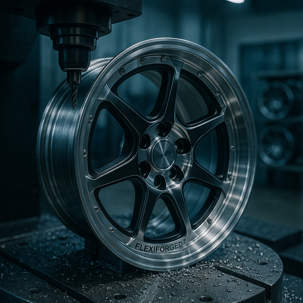 Precision CNC machining of a custom 3-piece forged wheel inside a manufacturing facility.
