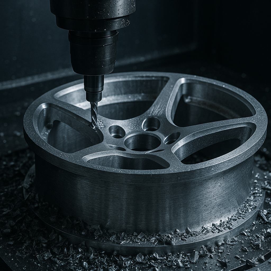 Forged wheel being machined in a high-precision CNC environment.