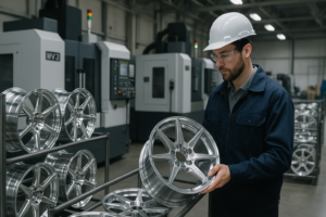 Forged wheel production line with CNC machines and quality control engineer