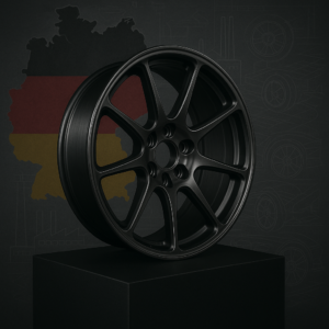 Forged magnesium wheel with German flag and industrial theme in the background