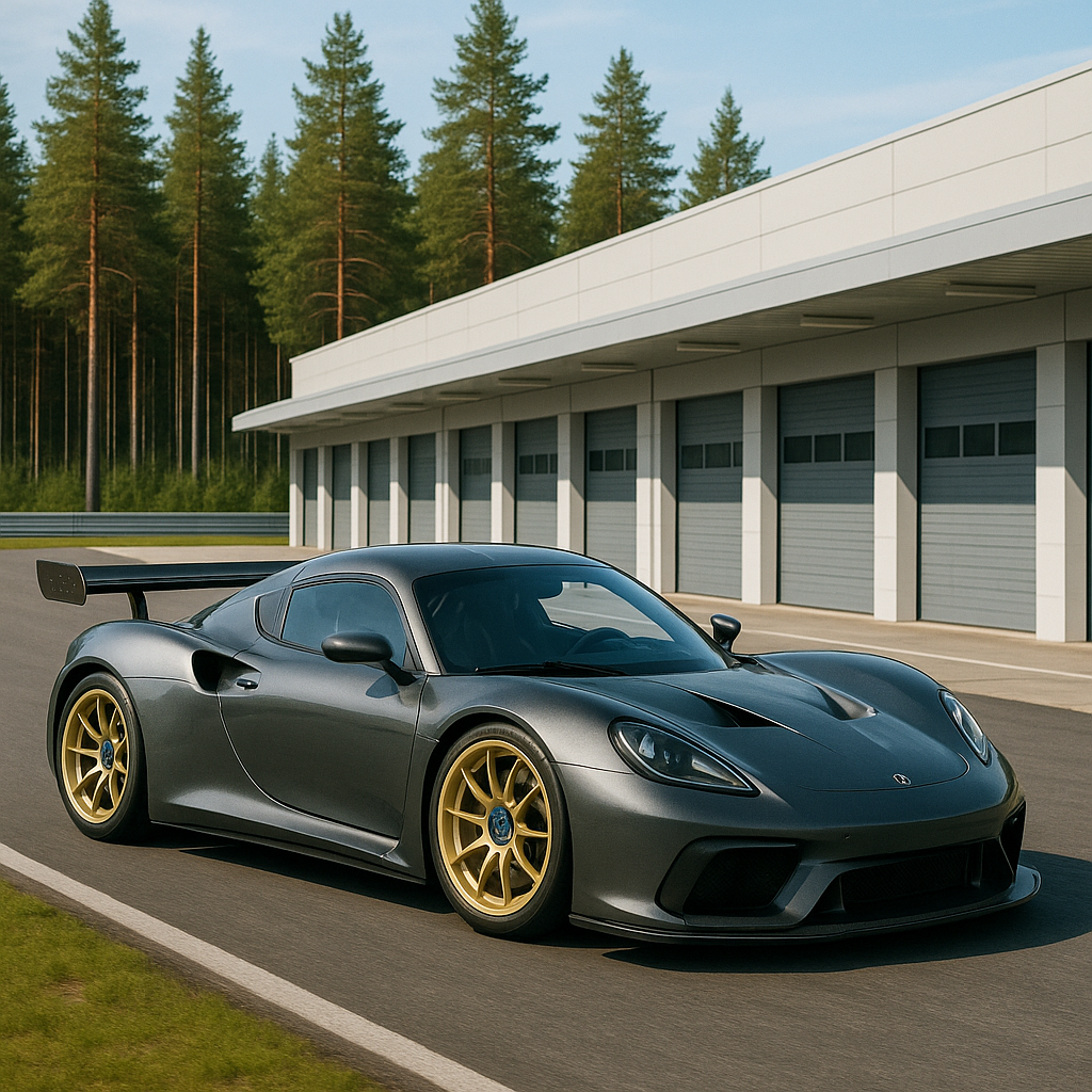 A track car with magnesium forged wheels racing on a Finnish motorsport circuit.