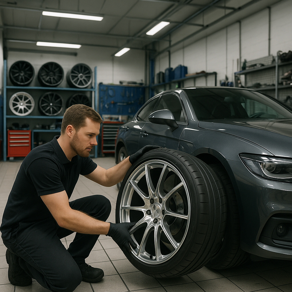 Technician installing magnesium forged wheel in a modern Swedish car modification workshop