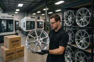 Close-up of a 3-piece forged wheel during CNC machining inside a factory. Cool industrial lighting. Visible cutting head, metal shavings, and real-time precision work in progress. Branding on the wheel faintly shows “FLEXIFORGED.” Style: industrial, high-contrast, detailed macro shot.