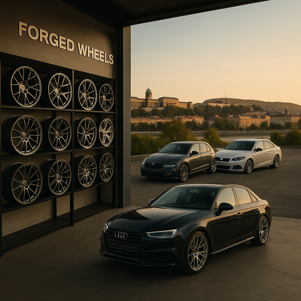 Hungarian tuning shop with forged wheels and modified European cars on display.