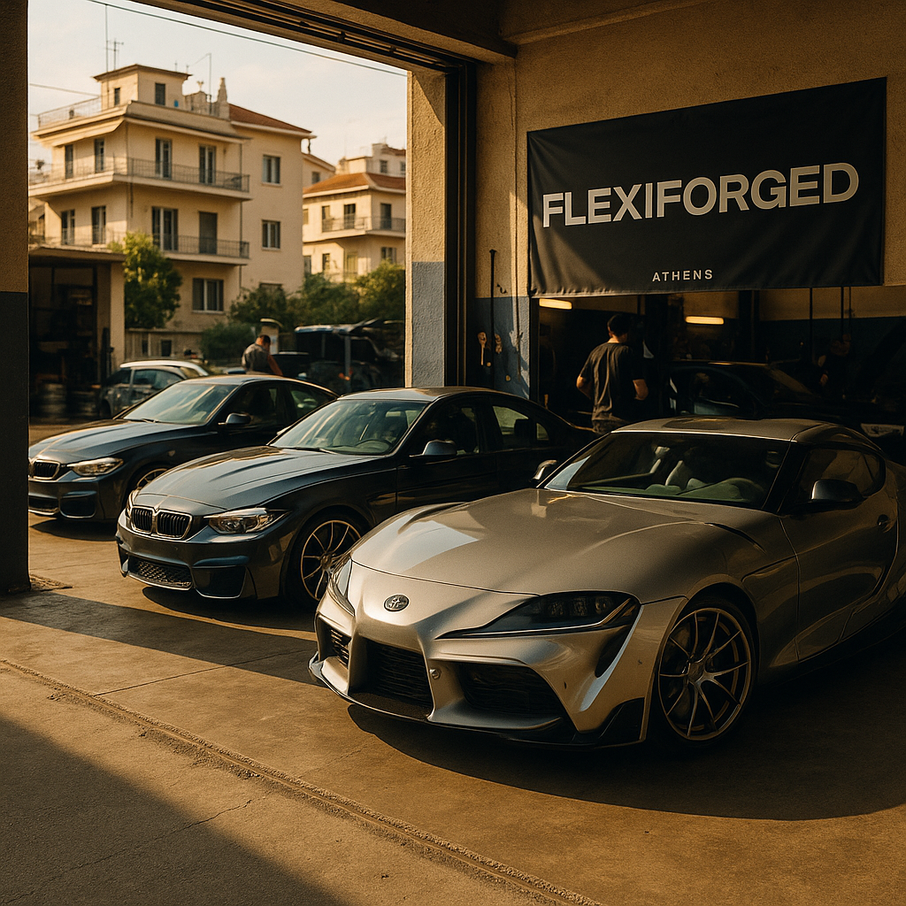 Sports cars with forged wheels outside an Athens garage with FLEXIFORGED branding.