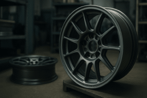Close-up shot of forged rally wheels in an industrial B2B workshop.