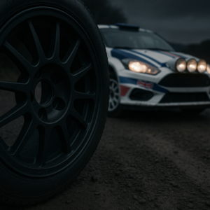 Forged rally wheels on gravel rally car in UK landscape