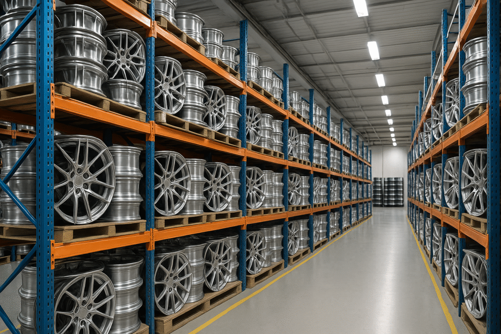 Organized warehouse storing magnesium forged wheels for business customers