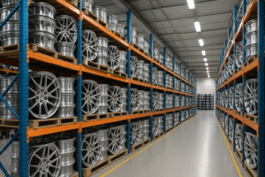 Organized warehouse storing magnesium forged wheels for business customers