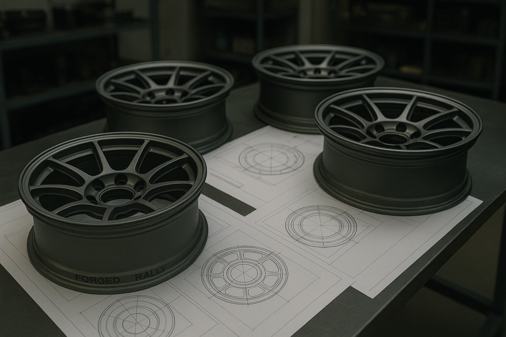 Selection of custom forged rally wheels with technical drawings on a table.
