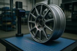 Forged rally wheels displayed in a professional Danish workshop.