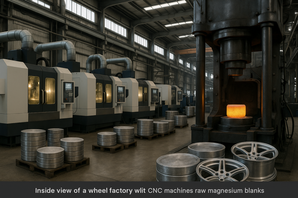CNC machines forging magnesium wheels in high-precision facility