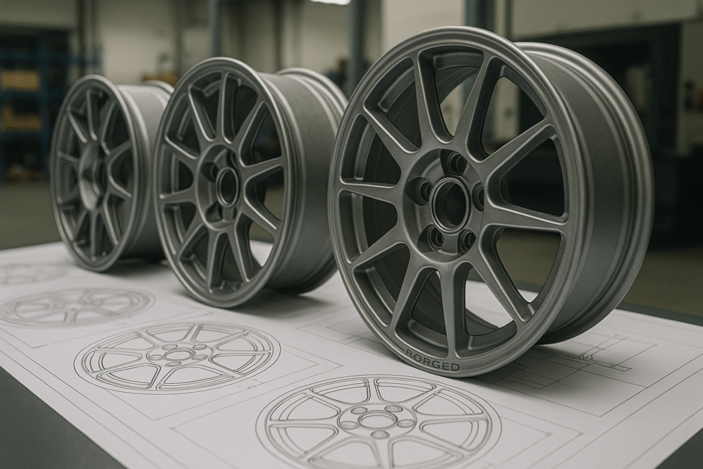 Custom forged rally wheels and technical drawings workbench.