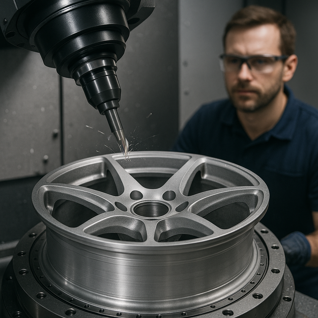CNC machining process of forged rally wheel in workshop