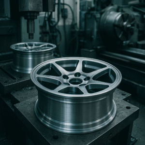 Forged rally wheels on display in an industrial Austrian workshop.