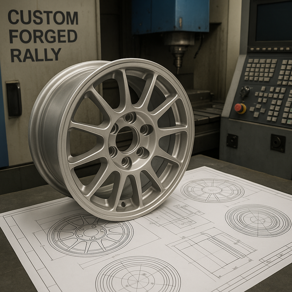 Forged rally wheels with blueprints in a manufacturing context.