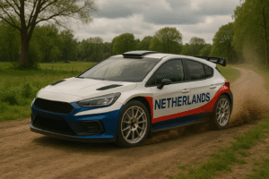 Forged rally wheels on a rally car racing through a forest trail in the Netherlands.