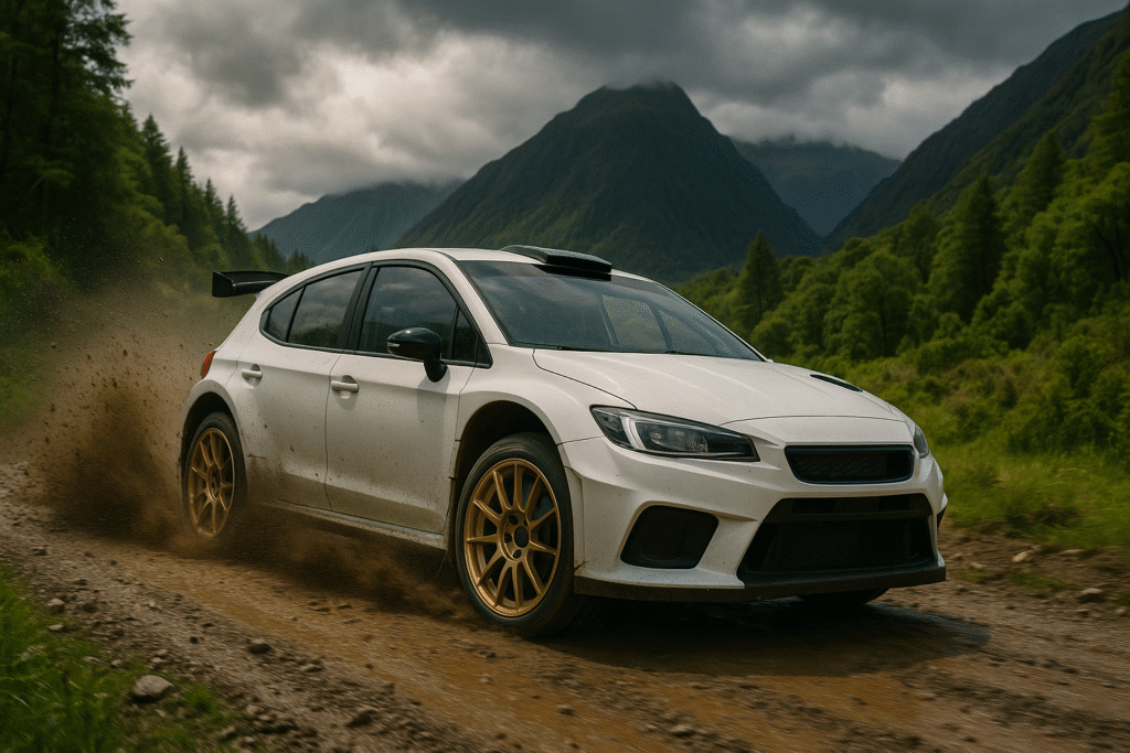 Forged rally wheels on a rally car racing through New Zealand’s muddy mountain trails.