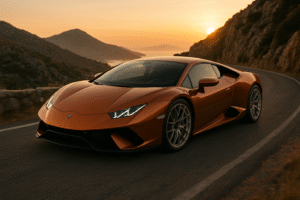 Sports car with magnesium forged wheels driving through Greece’s mountain landscape.