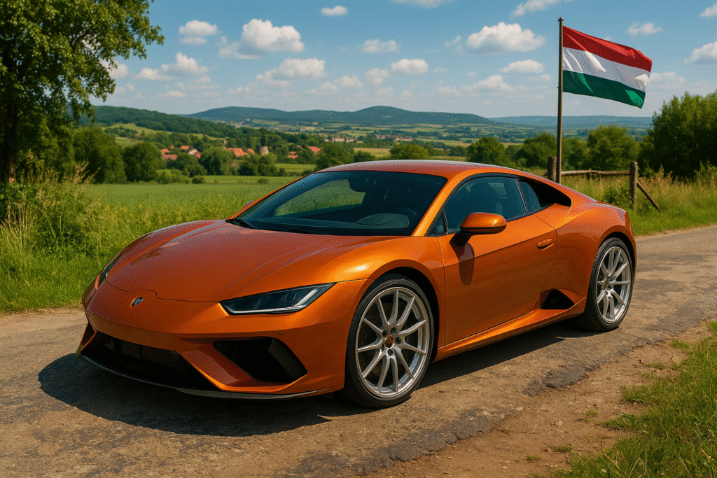 Hungarian countryside sports car with magnesium forged wheels glowing in summer light.