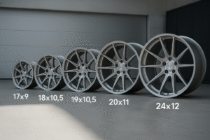Different sizes of custom forged wheels from 17 to 24 inches displayed in a workshop.
