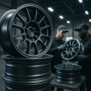 Forged rally wheels inspected in a warehouse
