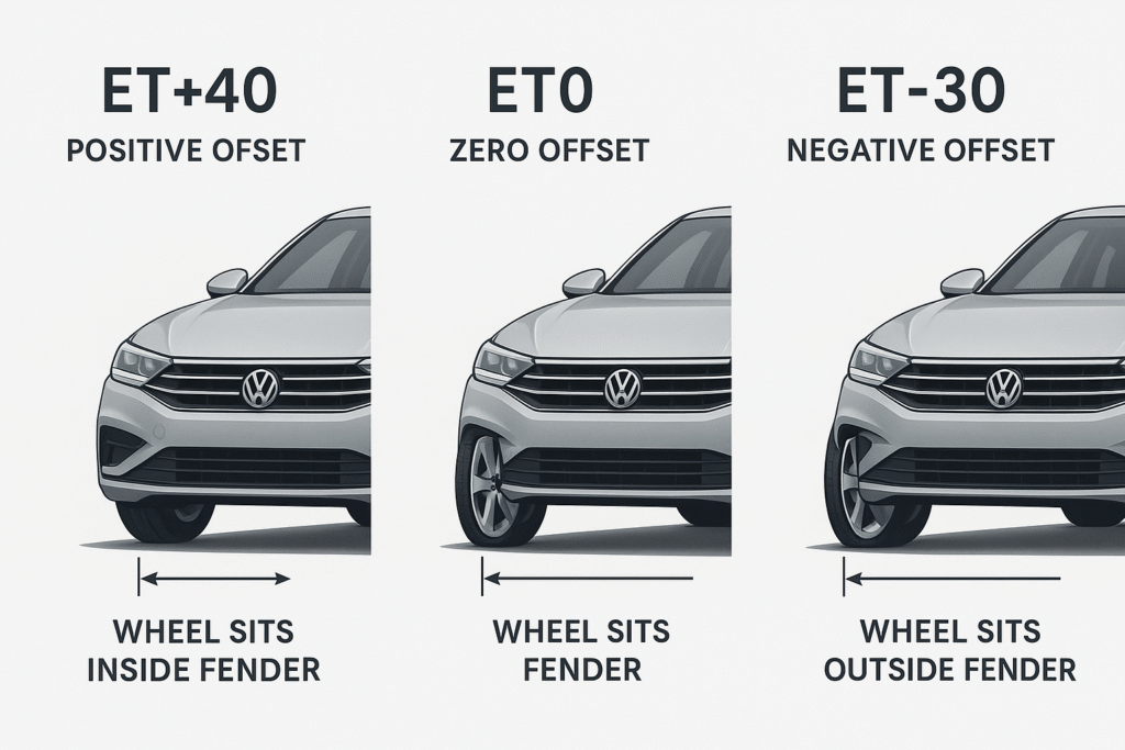 Visual comparison of positive, zero, and negative offset on custom forged wheels