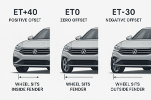 Visual comparison of positive, zero, and negative offset on custom forged wheels
